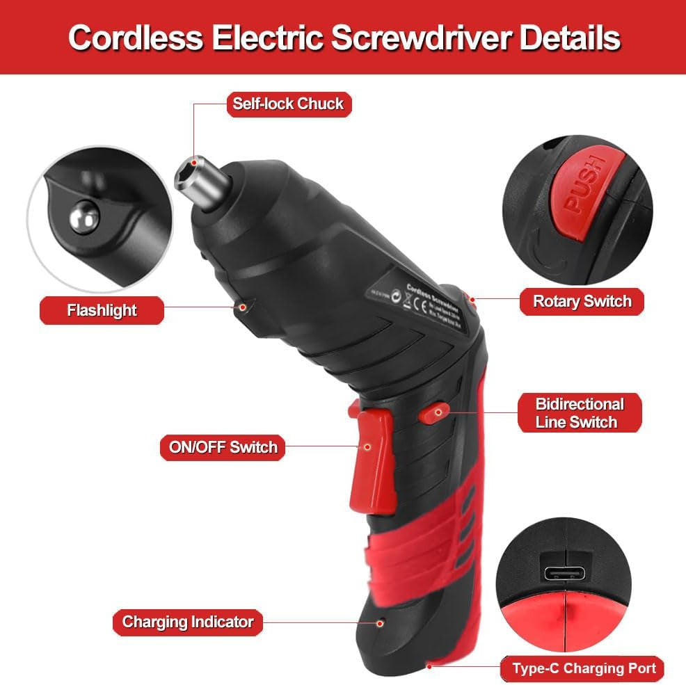 Cordless Electric Screwdriver 3.6V 46 Piece Kit Adjustable Handle USB-C Rechargeable