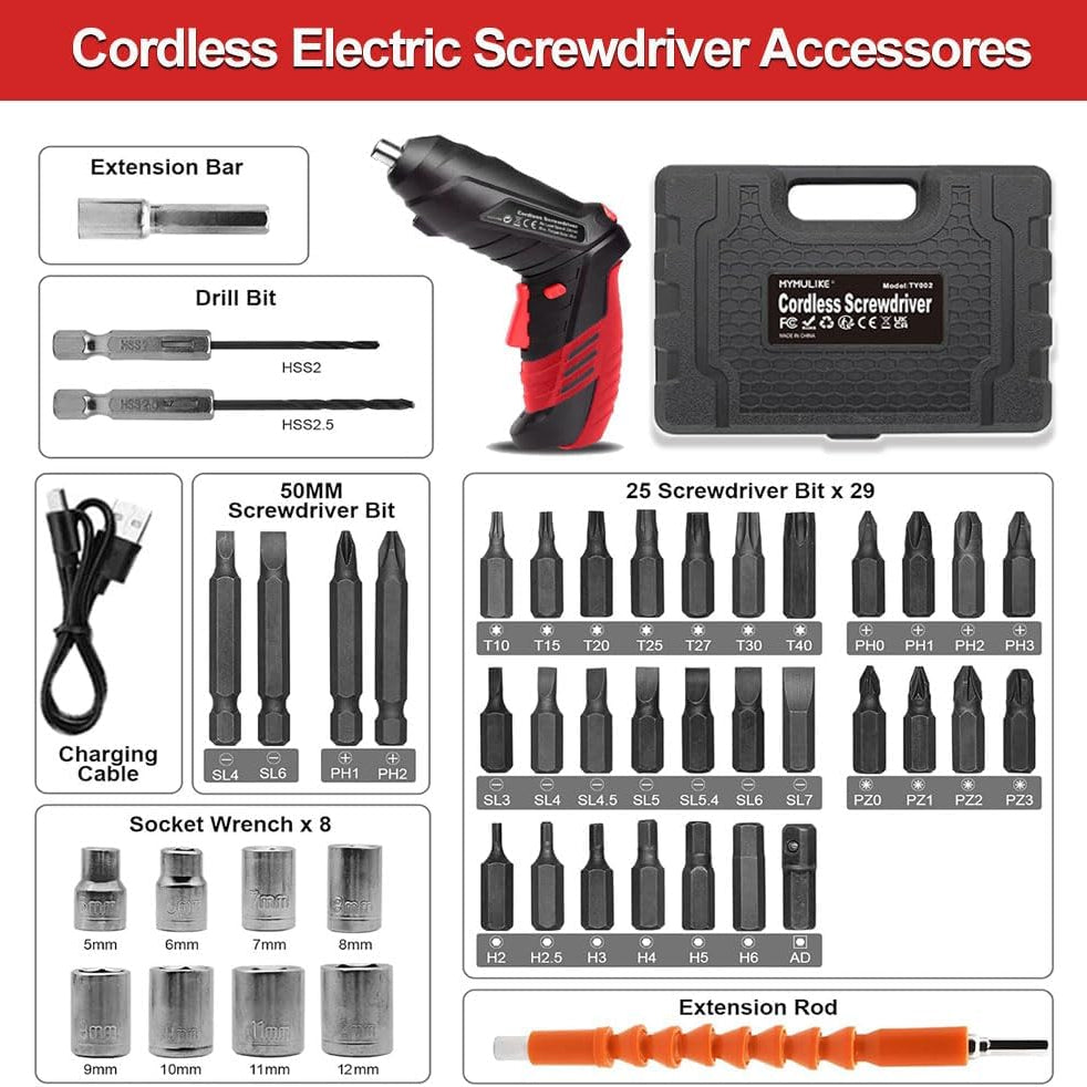 Cordless Electric Screwdriver 3.6V 46 Piece Kit Adjustable Handle USB-C Rechargeable